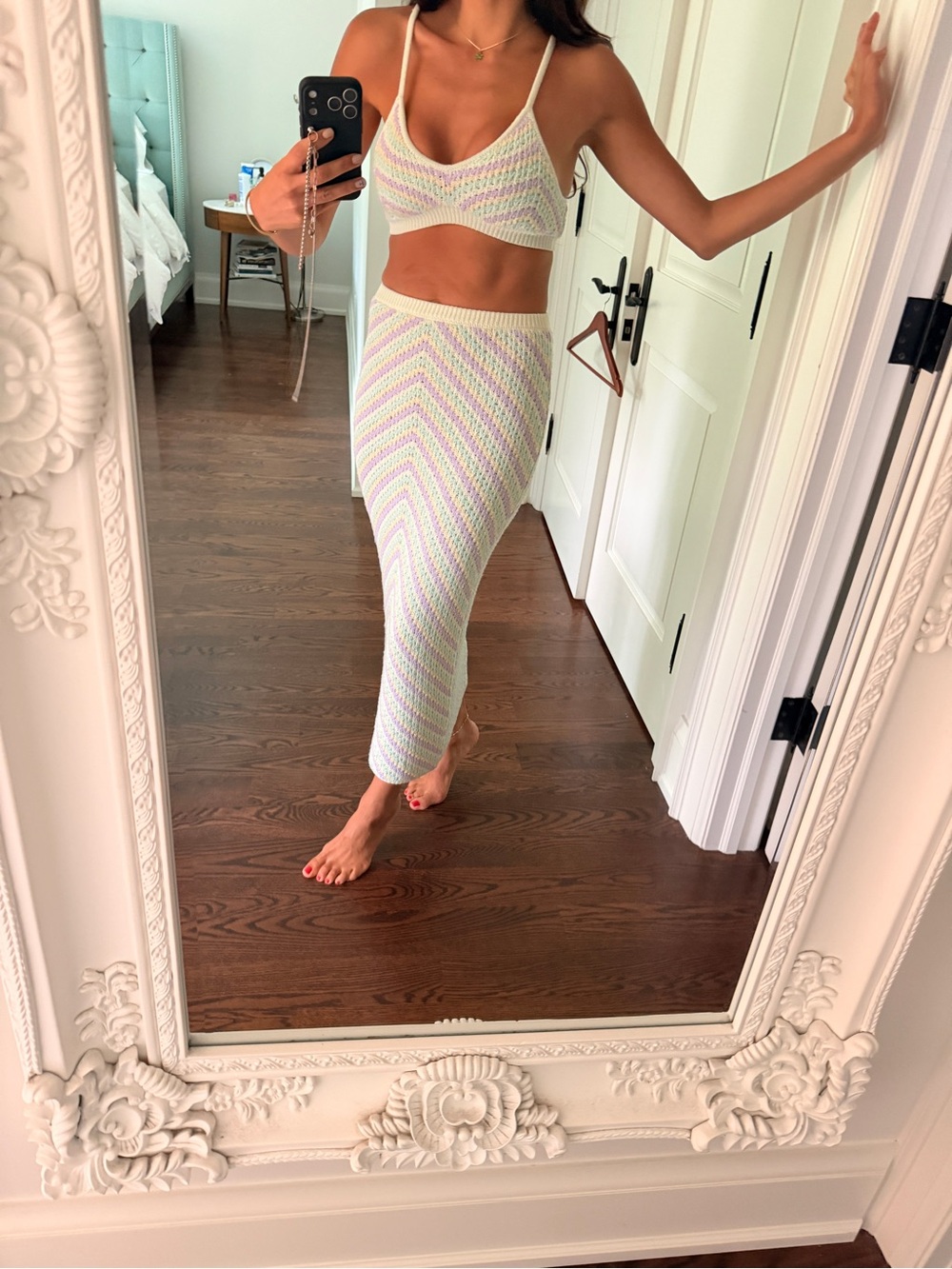For Love and Lemons Crochet Two-Piece Crop Top & Midi Skirt Set in Pastel